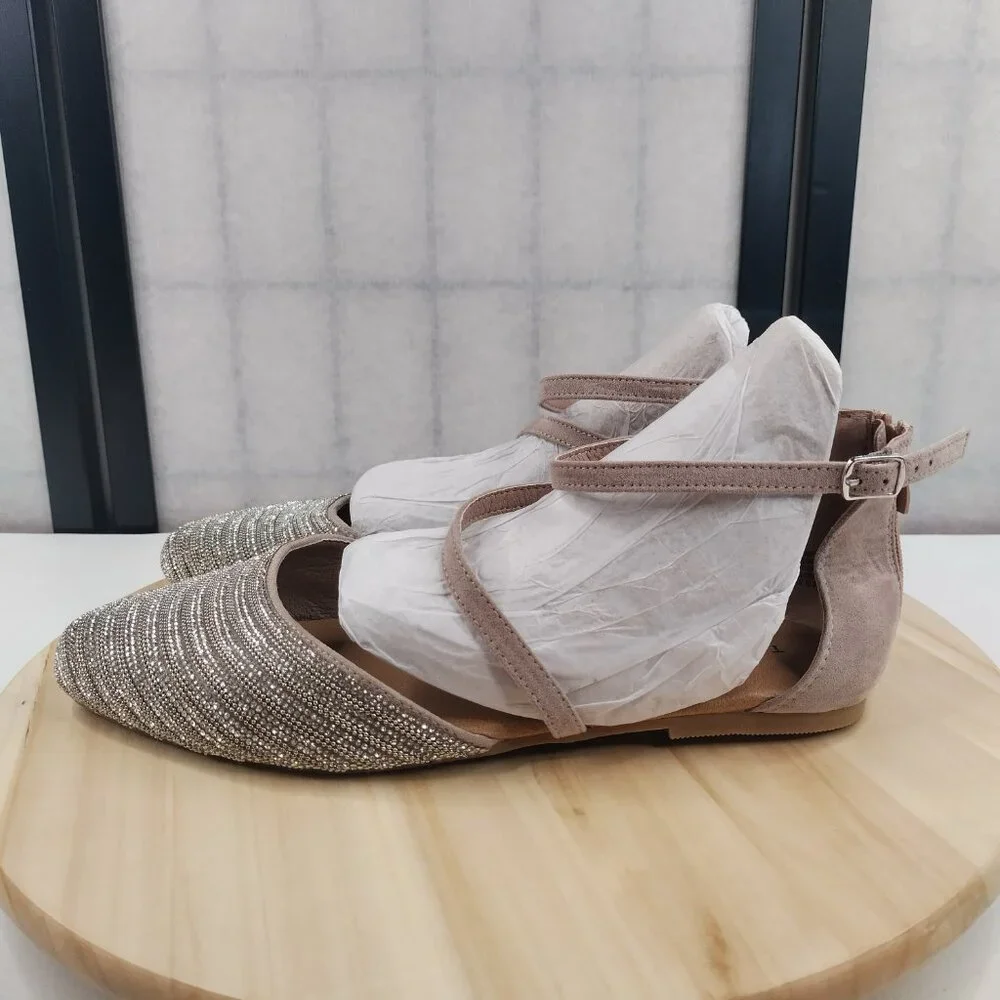 Torrid Rhinestone Bling Pointed Toe Faux Suede Tan Strap Shoes Women US 10.5WW